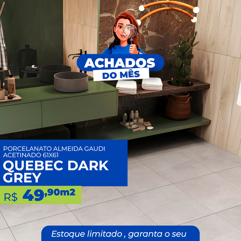 PORCELANATO ALMEIDA GAUDI 61X61 ACETINADO - QUEBEC DARK GRAY