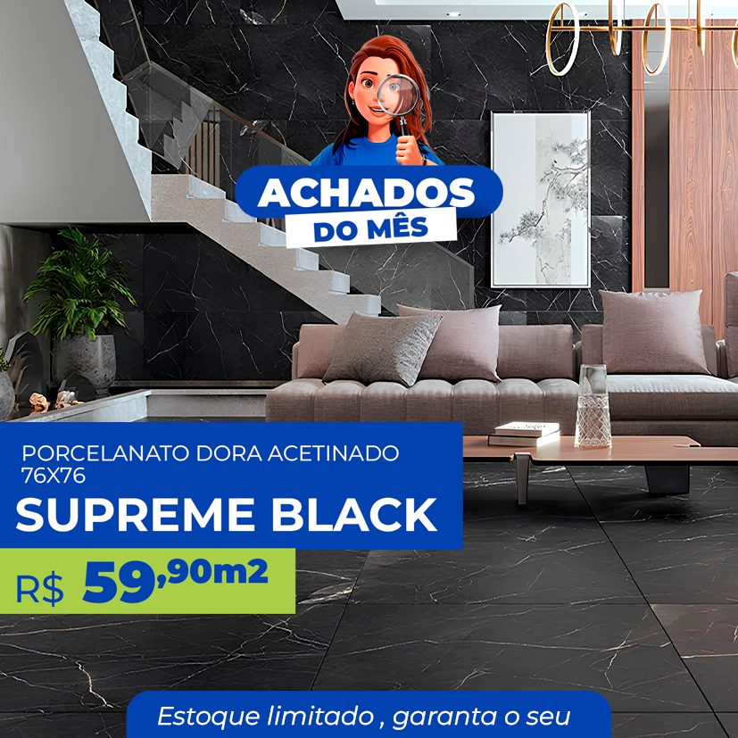 PORCELANATO DORA ACETINADO 76X76 - SUPREME BLACK 