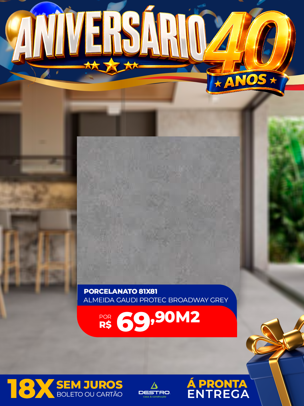 Porcelanato Almeida Gaudi Protect Broadway Grey 81x81