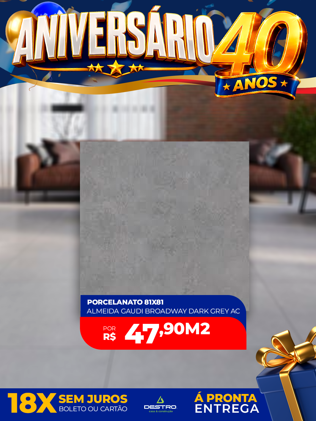 Porcelanato Almeida Gaudi Broadway Dark Grey Acetinado 81x81