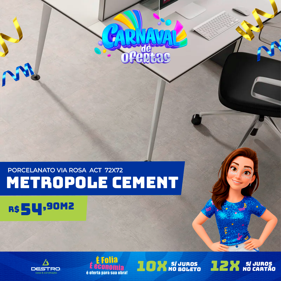 Porcelanato Via Rosa Metrópole Cement Acetinado 72x72