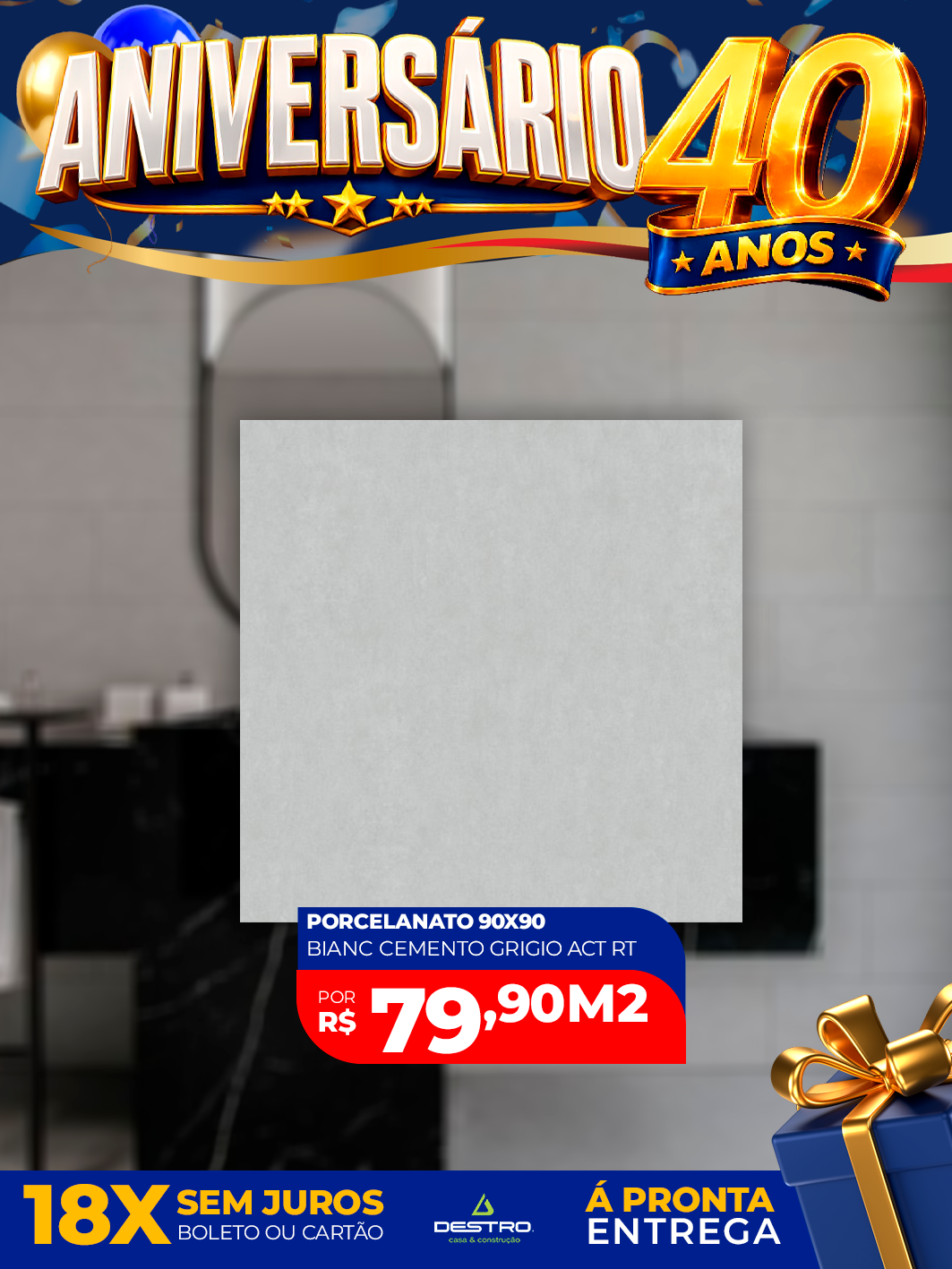 Porcelanato Biancogres Cemento Grigio 90x90